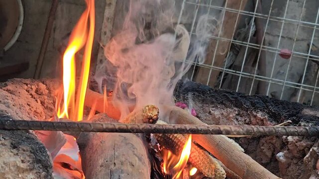 Close-up of a wood-burning fire with bright embers for traditional rural outdoor cooking