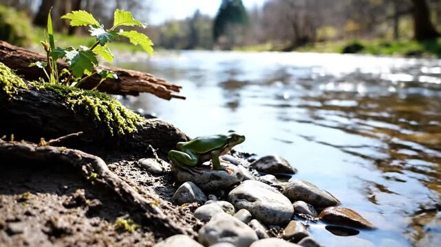 A green frog leaps into a tranquil stream amidst nature's beauty on a sunny day