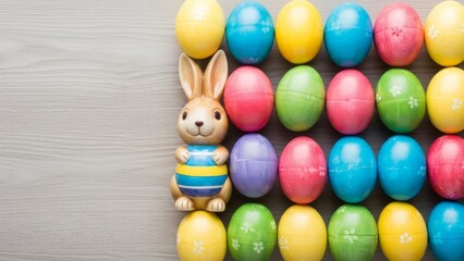 Top view of a festive Easter composition featuring a smiling rabbit figurine and a grid of vibrant eggs with copy space.