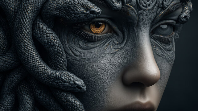 Dark Medusa Inspired Portrait with Snakes and Golden Eye Close Up