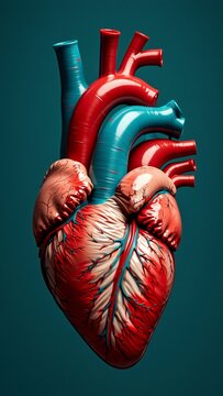 rendering human heart heart shown side view right ventricles visible ventricle red while right ventricular blue valves also red arranged way form heart shape heart appears motion moving background