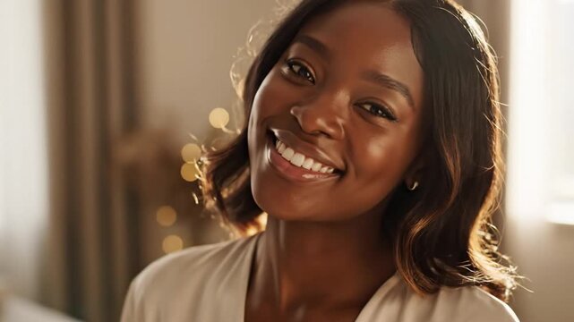 Beautiful young black woman smiling warmly at the camera with a joyful and sincere expression in soft lighting