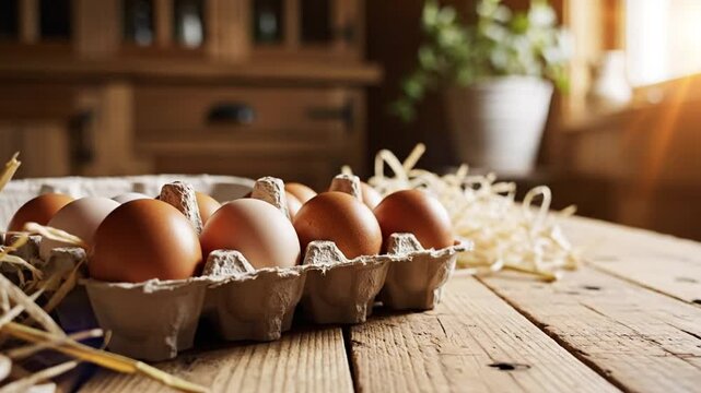Close-up of a carton of brown and white eggs on a rustic wooden table, with straw and natural light