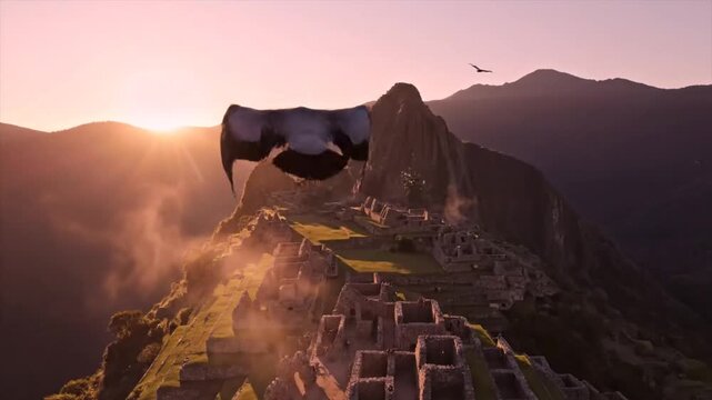 Sunrise over Machu Picchu with condor flying through mist ancient Inca citadel Peru