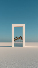 Minimalist portal doorway in sand with ocean and palm trees, surreal summer scene