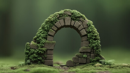 Moss Covered Stone Arch Ruin in Forest, Fantasy Gateway Background