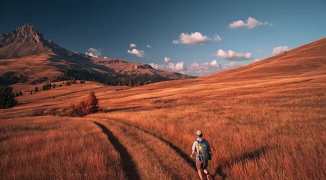 Homem Fazendo Trilha em Paisagem Incr&iacute;vel Representando Aventura, Liberdade e Conex&atilde;o Profunda com a Natureza