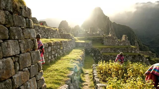 People working in machu picchu terraces with ancient inca ruins and misty mountains in background, cinematic motion footage