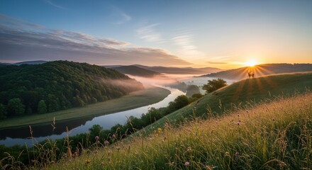 Scenic landscape view river flowing through rolling hills at sunrise