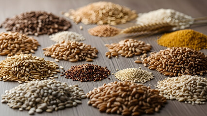 Natural grains mixed in earthy tones forming organic texture composition, healthy raw food background .Concept natural nutrition.