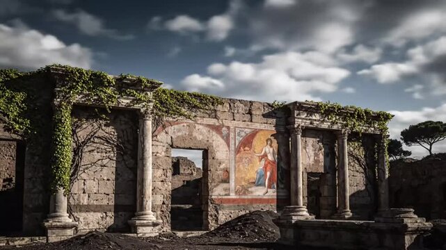 Ancient ruins reveal hidden frescoes as dust and ivy clear, restoring historical art on old stone walls