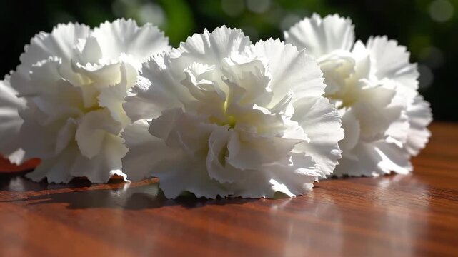 White carnation flowers on wooden surface