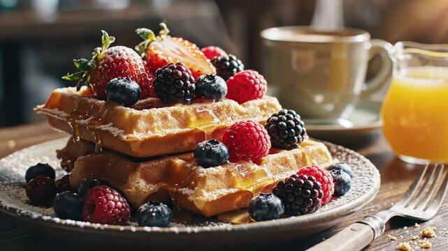 Delicious breakfast featuring stack of golden waffles topped with fresh berries, maple syrup, and a side of coffee and orange juice