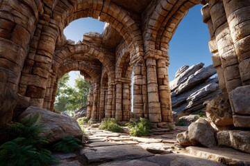 Fototapeta premium Ancient stone arches surrounded by nature at a remote archaeological site in daylight