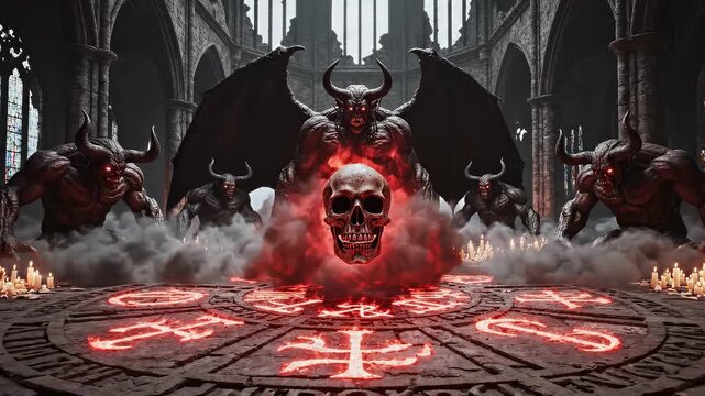 Diabolic demonic ritual summoning a skull in a gothic cathedral