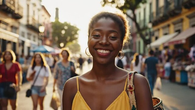 Beautiful young woman smiles warmly while standing in a busy city street in the sun