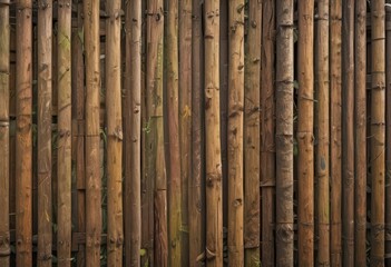 Naklejka premium Weathered bamboo fence with worn wood tone and natural decay, natural wood, bamboo fences, garden features