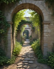 Obraz premium Weathered stone walls with vines and trees in a rustic old garden under a shaded archway near an old concrete path , natural, stone, vintage