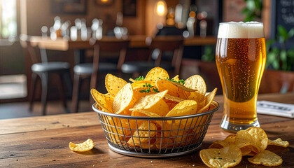 Crispy potato chips served in a metal basket with a glass of beer on a wooden table in a modern restaurant setting with blurred background elements