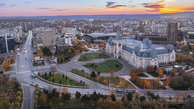 Aerial view morning shot with Iasi City Center in Romania