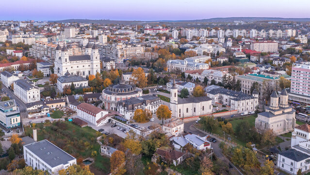 Aerial view morning shot with Iasi City Center in Romania