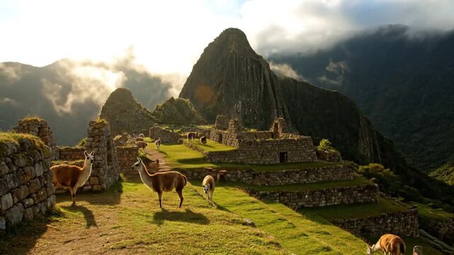 Alpacas and llamas grazing among ancient ruins of Machu Picchu as fog lifts at sunrise in Peruvian andes