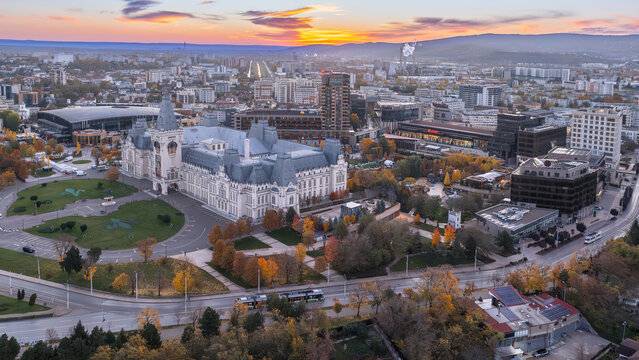 Aerial view morning shot with Cultural Palace, the landmark of Iasi City Center in Romania