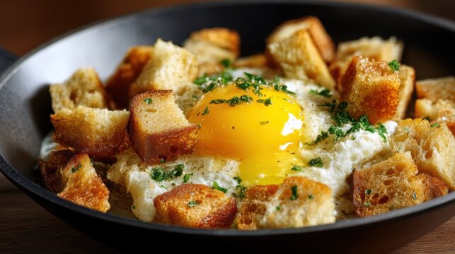 Preparing fried croutons using white bread and eggs in a skillet. Avoiding waste with stale bread