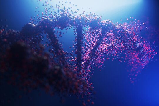 Close-up of a DNA structure with molecular details. Ideal for topics like oncology research, hereditary diseases, CRISPR technology, and microscopic biology.