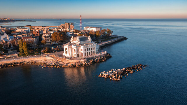 Aerial view sunset shot with Constanta City Center in Romania