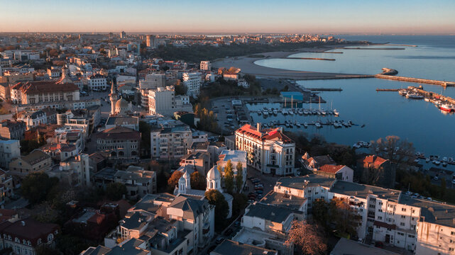 Aerial view sunset shot with Constanta City Center in Romania