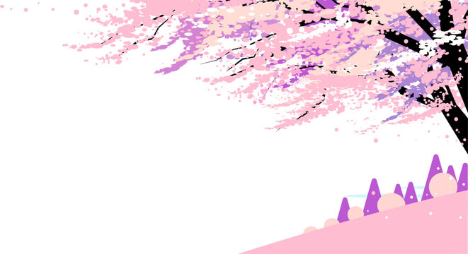 Flat vector illustration background of cherry blossom tree and spring hills