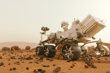 Fototapeta premium robotic rover exploring a rocky desert on the Mars planet. wheels and scientific equipment on the Martian surface. Futuristic space exploration and planet mission.