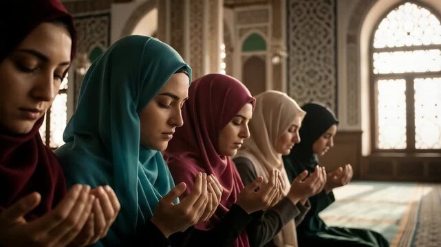 Group of Muslim women praying together in mosque with closed eyes. Ramadan concept.  