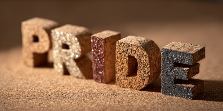 Cut-out magazine letters spelling Pride, representing one of the seven deadly sins, displayed on a cork bulletin board