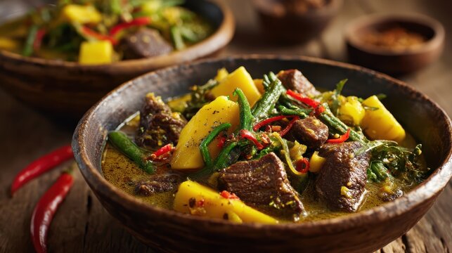 Traditional rice served with a side of mango curry, fish curry, and beef roast. Prepared with ripe mango, coconut milk, and seasoned with curry leaves and spices