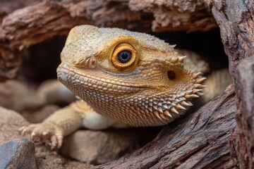 Beautiful and quick desert lizard with a spiky appearance, peering out from its enclosure while anticipating its meal
