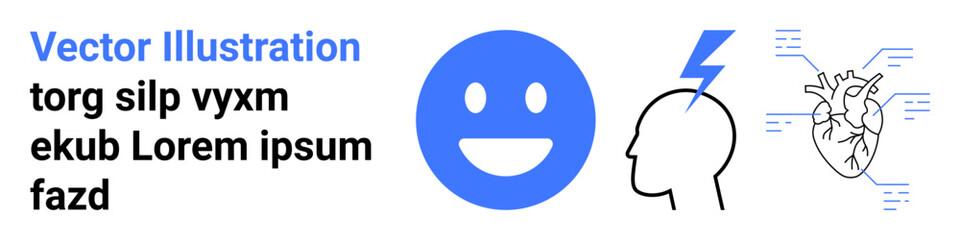 Fototapeta premium Emotional health, neuroscience, anatomy, technology, data , education. Blue smiling face, human head with lightning heart diagram with lines. Emotional health and neuroscience concept