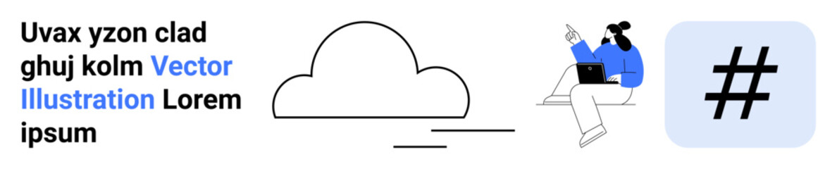 Obraz premium Cloud with horizontal lines, metadata tag icon, person sitting and using laptop, and abstract text. Ideal for technology, social media, networking, cloud storage, teamwork creative processes simple