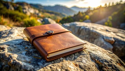 Leather bound journal with a metal clasp lies on a large grey rock in a scenic mountain landscape under bright sun