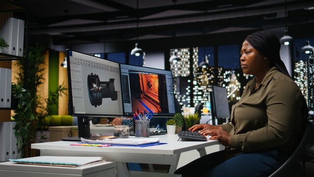 Female developer creates Mars based virtual station using AI tech. Futuristic program processing data with machine learning and automation to optimize game design and development. Camera A.