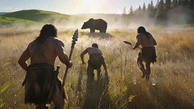 Epic prehistoric hunting scene shows spear armed men in fur clothing surrounding bear from distance, walking carefully through dry meadow under warm backlight and atmospheric dust.