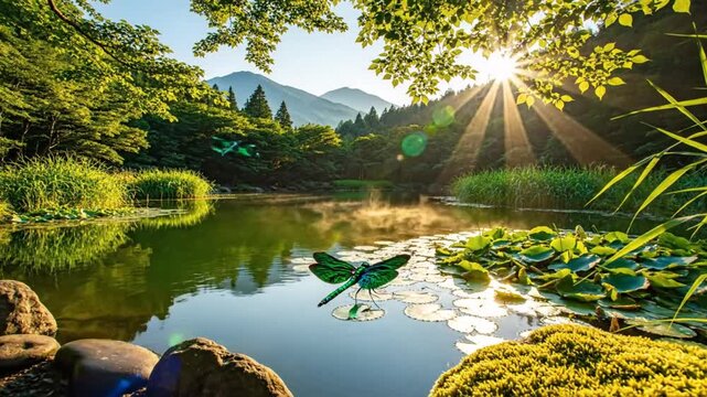 serene dragonfly pond sunlight streaming through leaves tranquil nature scene in the mountains peaceful and relaxing summer