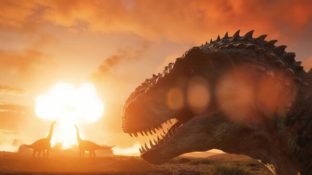 Epic prehistoric scene shows dinosaur observing meteorite dropping to ground, creating extinction mood under fiery sky and distant silhouettes on plain.