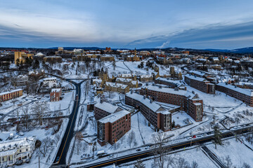 Ithaca, NY, USA - January 24, 2026 Winter aerial photo of Cornell University, Ithaca, NY with snow on the ground.
