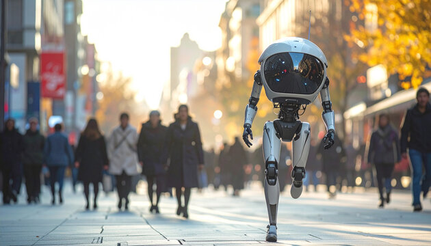 Futuristic humanoid robot walks through a busy city street with people in autumn