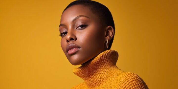 Smiling young woman in a turtleneck sweater against a yellow background, giving a thumbs up and expressing happiness for her success