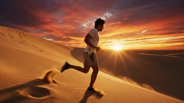 Energetic man jogging up a steep sand dune during a vibrant sunset over the desert landscape