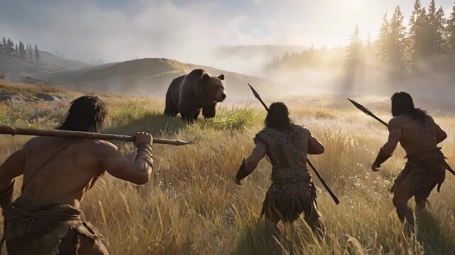 Golden hour landscape shot captures hunter gatherer group crouching and advancing toward wild bear, creating tension and survival theme with dust clouds and long shadows.