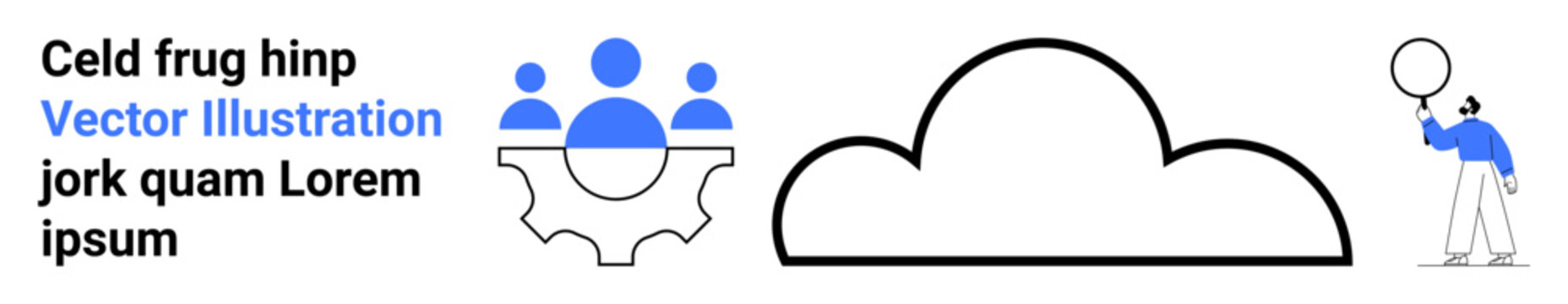 Gear with team figures, cloud design, person holding balloon. Ideal for teamwork, innovation, cloud computing, creativity, business solutions, strategy simple landing page